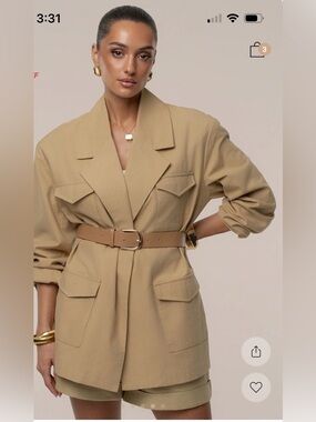 Woven Utility Blazer Jacket in Beige with belt